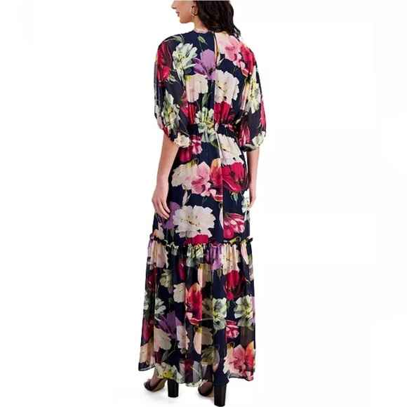 NWT Taylor Plus Size V-Neck Chiffon Elbow-Sleeve Maxi Dress Navy Lilac size 20W - Picture 4 of 12